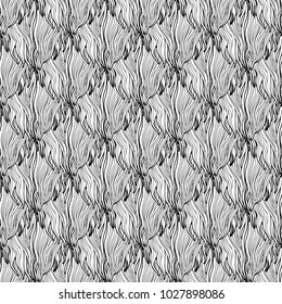 Vector seamless black and white abstract hand-drawn pattern with waves and clouds