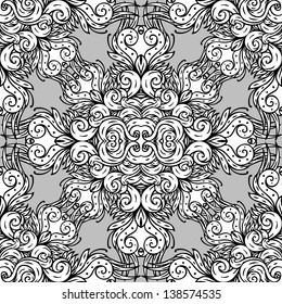 Vector seamless black and white abstract hand-drawn pattern with waves and clouds