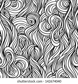 Vector seamless black and white abstract hand-drawn pattern with waves and clouds