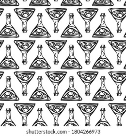 Vector seamless black and white abstract pattern of ornamental eyes in test tube