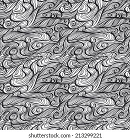 Vector seamless black and white abstract hand-drawn pattern with waves