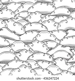 Vector seamless black and white abstract hand-drawn pattern with clouds