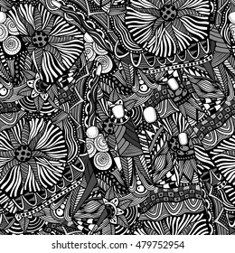 Vector seamless black and white abstract hand-drawn pattern. Vector illustration