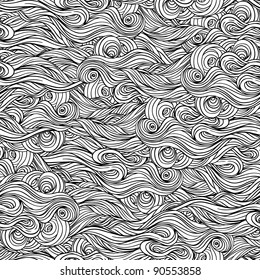 Vector seamless black and white abstract hand-drawn pattern with waves and clouds