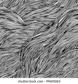 Vector seamless black and white abstract hand-drawn pattern with waves (hair)