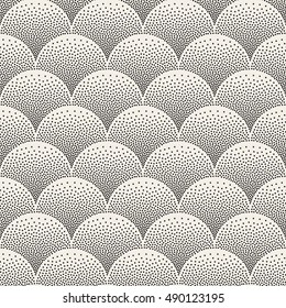 Vector Seamless Black and White Arc Shapes Stippling Pattern. Abstract Dot work Background Design