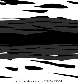 Vector seamless black and white background with chaotic strokes. Background of liquid, dirt, streaks, puddles. Spilled black mud, oil, fuel oil. Environmental pollution.