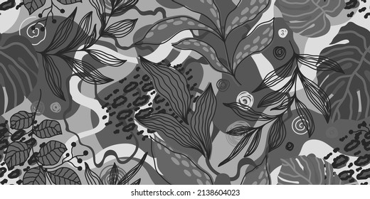 VECTOR SEAMLESS BLACK AND WHITE BANNER WITH TROPICAL LEAVES