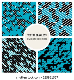 Vector Seamless Black  White & Blue Random Diagonal Parallel Lines Experimental Pattern Background