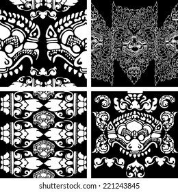 Vector seamless black and white Cambodian floral pattern