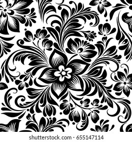 vector seamless black and white decorative pattern with abstract stylized flowers in folk style, hohloma, petrikovka. Ethnic floral ornamental design for textiles, wallpaper, packaging 