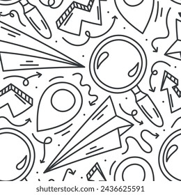 Vector sin fisuras negro y blanco doodle patrón de viaje. Símbolos de línea de aventuras y exploradores, lupa, avión de papel, geotag.