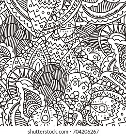Vector seamless black and white doodle floral tribal boho pattern background for coloring book