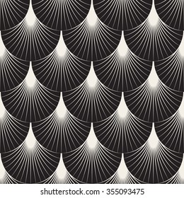 Vector Seamless Black and White Feather Shape Sunburst Lines in Circles Geometric Pattern Abstract Background