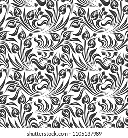 Vector seamless black and white floral pattern.