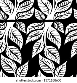 Vector seamless black and white floral pattern from leafs. Natural summer background.