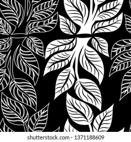 Vector seamless black and white floral pattern from leafs. Natural summer background.