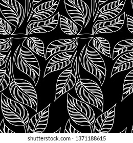 Vector seamless black and white floral pattern from leafs. Natural summer background.