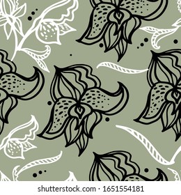Vector seamless black and white floral orchid flowers pattern from leaf. Natural summer background