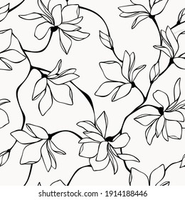 Vector Seamless Black And White Floral Pattern With Magnolia Flowers. Line Art Illustration.