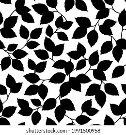 Vector seamless black and white floral pattern with leaves silhouettes.