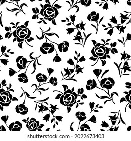 Vector de patrón floral blanco y negro sin fisuras con varias siluetas de flores.