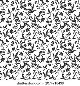 Vector seamless black and white floral pattern with small flowers. 