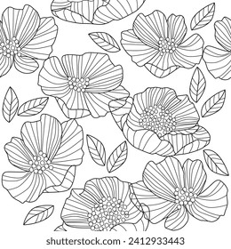 Vector seamless black and white floral pattern with flowers. Line art illustration. Contemporary floral pattern for invitations, cards, wallpapers, print, gift wrap, manufacturing. 