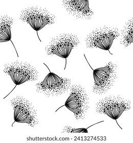 Vector seamless black and white floral pattern with wild herbs. Line art illustration flowers. Contemporary floral pattern for invitations, cards, wallpapers, print, gift wrap, manufacturing. 