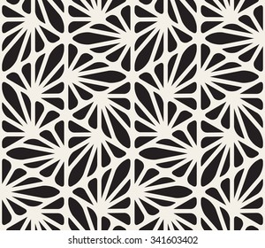 Vector Seamless Black and White Floral Organic Triangle Lines Hexagonal Geometric Pattern Abstract Background