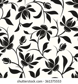 Vector seamless black and white floral pattern with magnolia flowers and leaves.