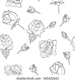 Vector seamless black and white flower pattern, roses