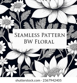 Patrón de silueta de flores blancas y negras sin vectores para fondo, tela, textil, envolver, superficie, web y diseño de impresión. Reloj de tela de Sakura floral y decorativo. Impresión Ditsy.