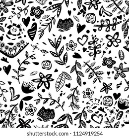 Vector seamless black and white folk style seamless pattern ornament with flowers. Scandinavian style.