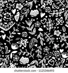 Vector seamless black and white folk style seamless pattern ornament with flowers. Scandinavian style.