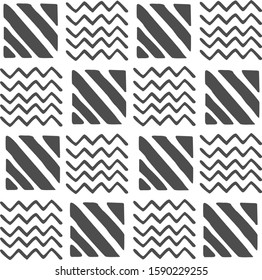 Vector seamless black and white geometric pattern of hand-drawn zigzags and diagonal stripes, lines. Black pattern on a white background. For decor, textile, fabric, carpet, wallpaper, tiles, wrapping