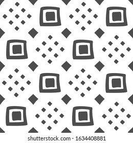 Vector seamless black and white geometric pattern of hand-drawn squares and rhombuses. For decor, textile, fabric, carpet, wallpaper, ceramic tiles, wrapping.