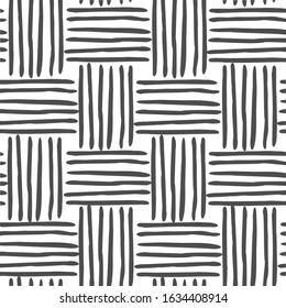 Vector seamless black and white geometric pattern of hand-drawn horizontal and vertical stripes, lines. Interweaving fibers. For decor, textile, fabric, carpet, wallpaper, ceramic tiles, wrapping.