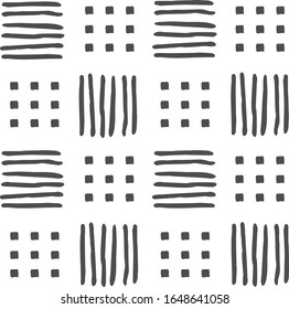 Patrón geométrico blanco y negro sin fisuras de cuadrados dibujados a mano y rayas, líneas. Para la decoración, tejidos, moqueta, papel pintado, azulejos de cerámica, envoltura.