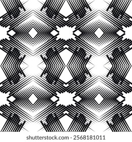 Vector seamless black and white geometric modern pattern with repetitive lines, stripes, rhombus and optical illusion effect. Abstract ornamental monochrome background. Endless ornate texture.