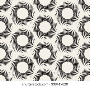 Vector Seamless Black and White Geometric Hand Drawn Circle Rays Line Pattern Abstract Background