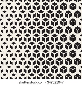 Vector Seamless Black And White  Geometric Cube Shape Lines Halftone Grid Pattern Abstract Background