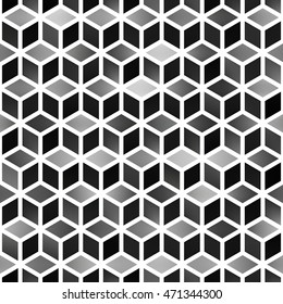 Vector Seamless Black and White Gradient Cube Shape Rhombus Grid Pattern. Abstract Geometric Background Design