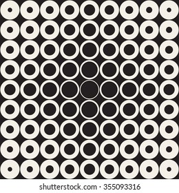 Vector Seamless Black and White Grid of Circles with Fading Outlines Towards The Center Retro Pattern Abstract Background