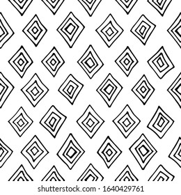 Vector seamless black and white hand drawn rhombus pattern. Abstract geometric background design.