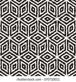 Vector Seamless Black And White Hand Painted Geometric Rhombus Lines Cubic Pattern Abstract Background