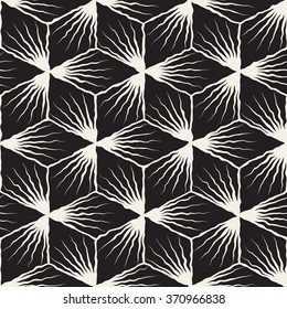 Vector Seamless Black And White Hand Painted Geometric SunBurst Lines Cubic Pattern Abstract Background