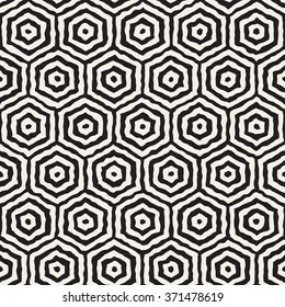 Vector Seamless Black And White Hand Painted Concentric Hexagon Line Geometric HoneyComb Pattern Abstract Background