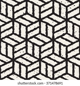 Vector Seamless Black And White Hand Painted Line Geometric Cubic Pavement Pattern Abstract Background