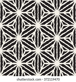 Vector Seamless Black And White Hand Painted Line Geometric Star Stripes Pattern Abstract Background